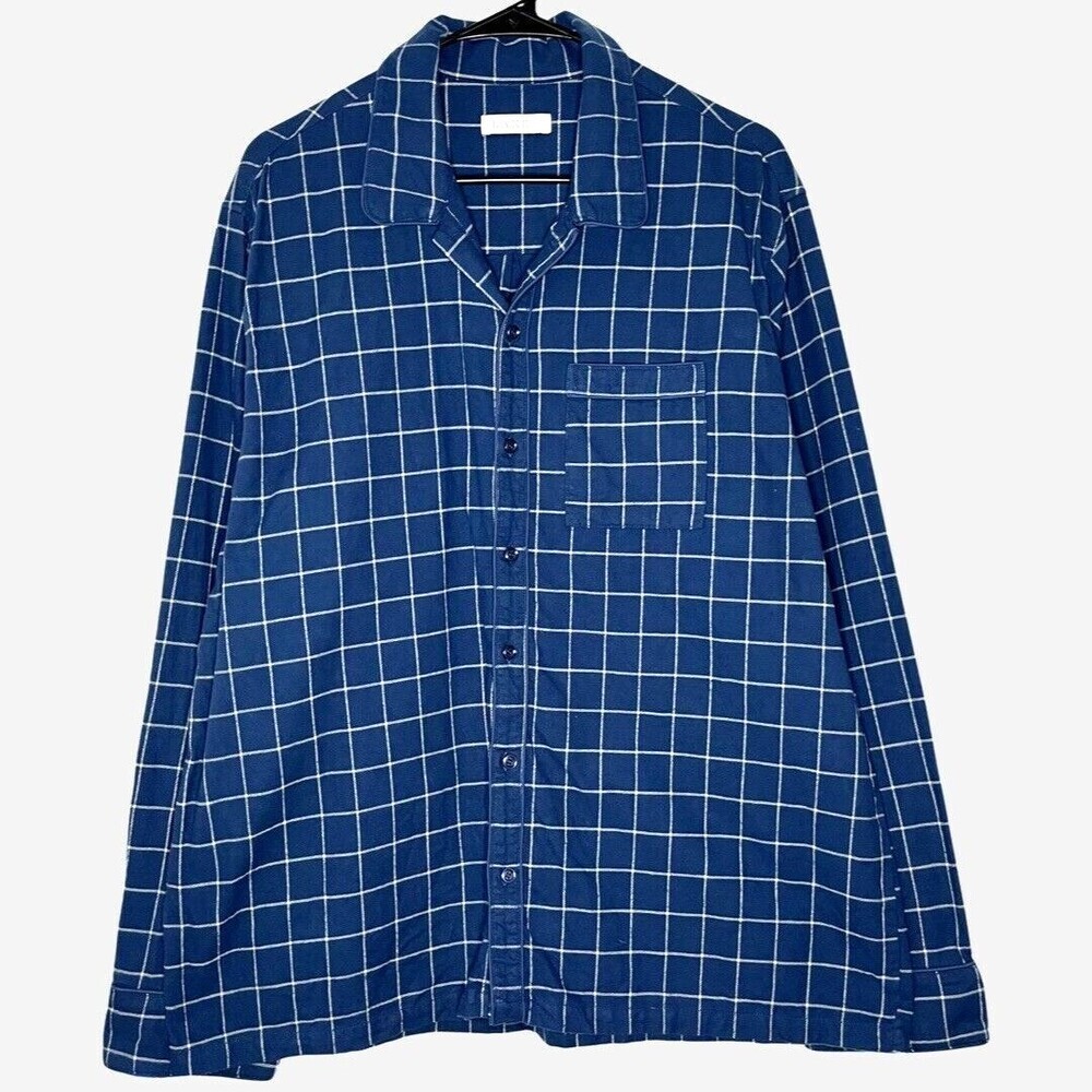 Lake Pajamas Men Top Large Blue Windowpane Cotton Flannel Collared Long Sleeve